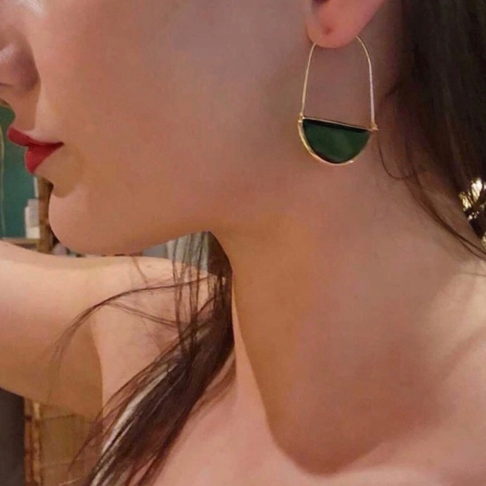 Anthropologie Gold Hoop Earrings with Emerald Green Accent